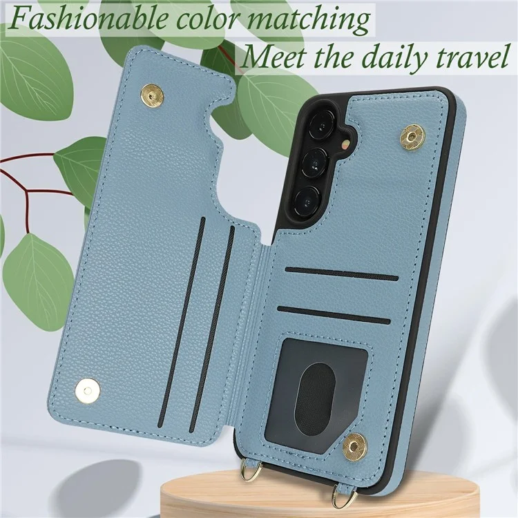 For Samsung Galaxy S24 Case with Card Holder, Kickstand, RFID Blocking PU+TPU Phone Back Cover - Blue