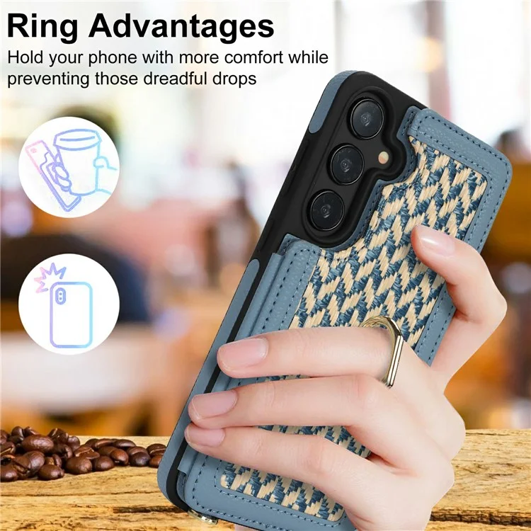 For Samsung Galaxy S24 Case with Card Holder, Kickstand, RFID Blocking PU+TPU Phone Back Cover - Blue