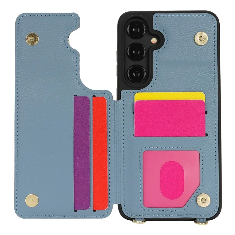 For Samsung Galaxy S24 Case with Card Holder, Kickstand, RFID Blocking PU+TPU Phone Back Cover - Blue