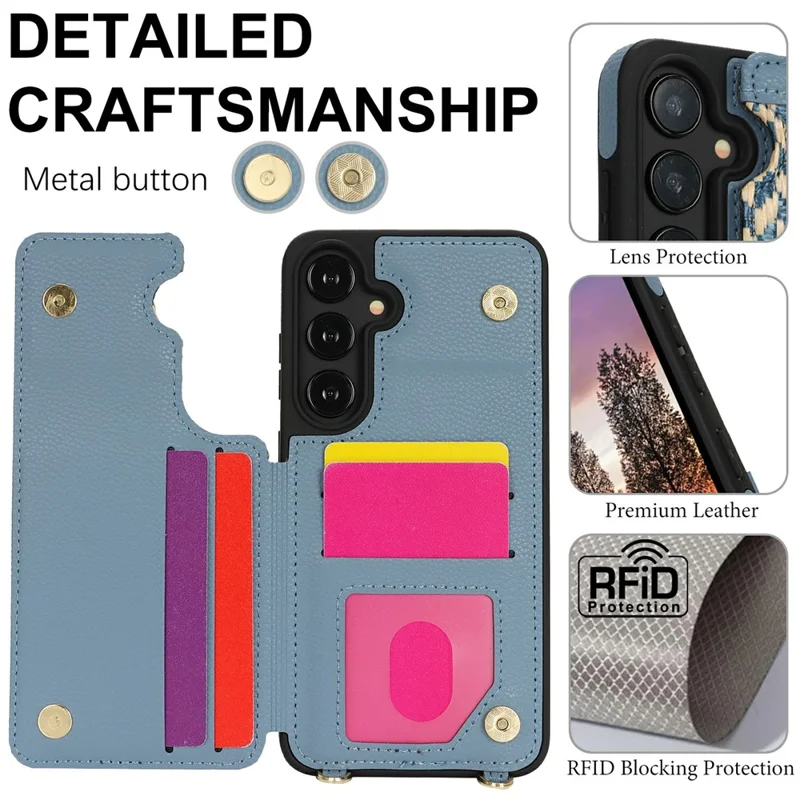 For Samsung Galaxy A55 5G Case with Card Holder, Kickstand, RFID Blocking PU+TPU Phone Back Cover - Blue
