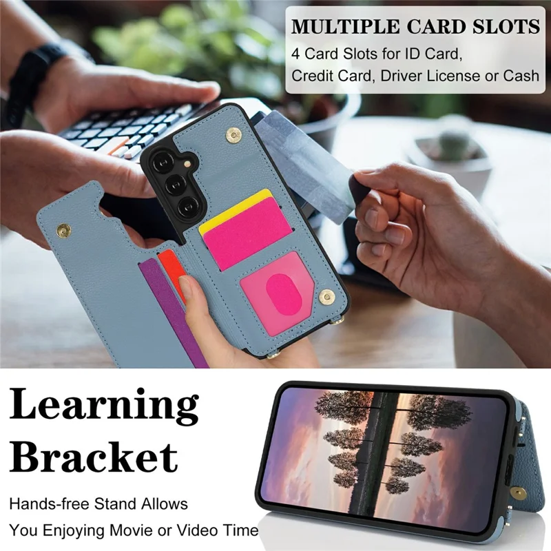 For Samsung Galaxy A35 5G Case with Card Holder, Kickstand, RFID Blocking PU+TPU Phone Back Cover - Blue