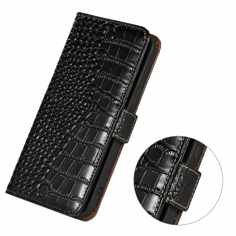 Til Xiaomi Redmi Note 14 Pro 5G / Poco X7 5G Task Crocodilestruktur Ægte Nødkalvlæder Telefonwallet Cover - Sort