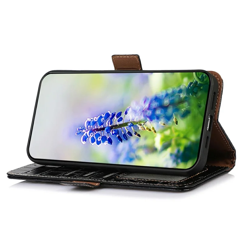 For Xiaomi Redmi Note 14 5G Case Crocodile Texture Genuine Cow Leather Phone Wallet Cover - Black