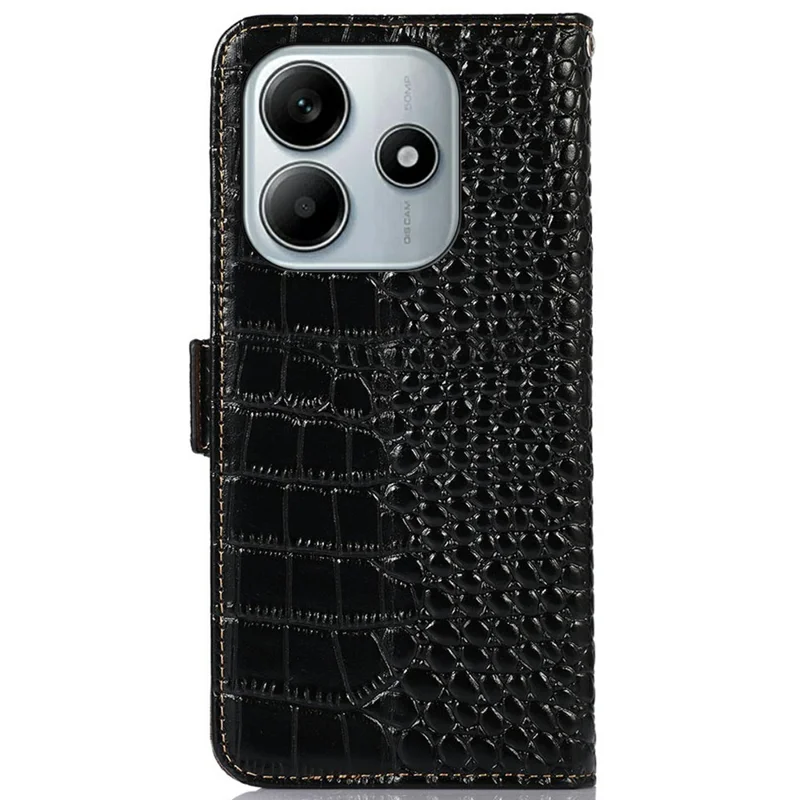 For Xiaomi Redmi Note 14 5G Case Crocodile Texture Genuine Cow Leather Phone Wallet Cover - Black