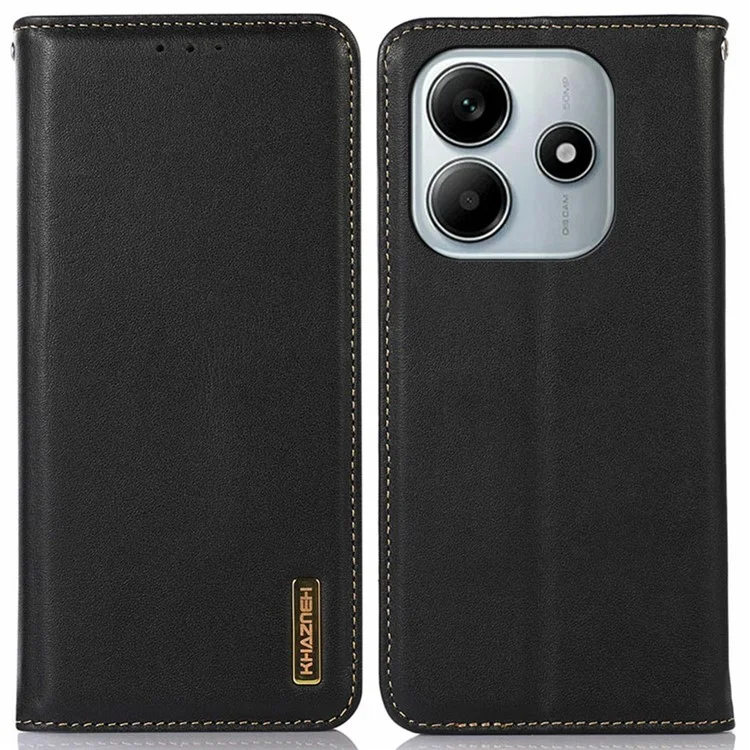 Étui pour Xiaomi Redmi Note 14 5G KHAZNEH en véritable cuir de vache, couverture de téléphone portefeuille, texture Nappa - Noir