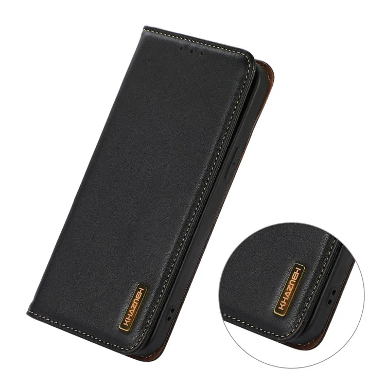 KHAZNEH For Xiaomi Redmi Note 14 Pro 5G Genuine Cow Leather Wallet Phone Case Nappa Texture - Black