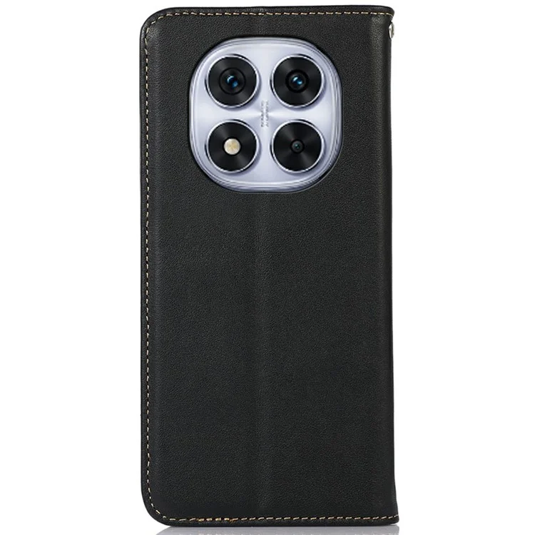 KHAZNEH For Xiaomi Redmi Note 14 Pro 5G Genuine Cow Leather Wallet Phone Case Nappa Texture - Black