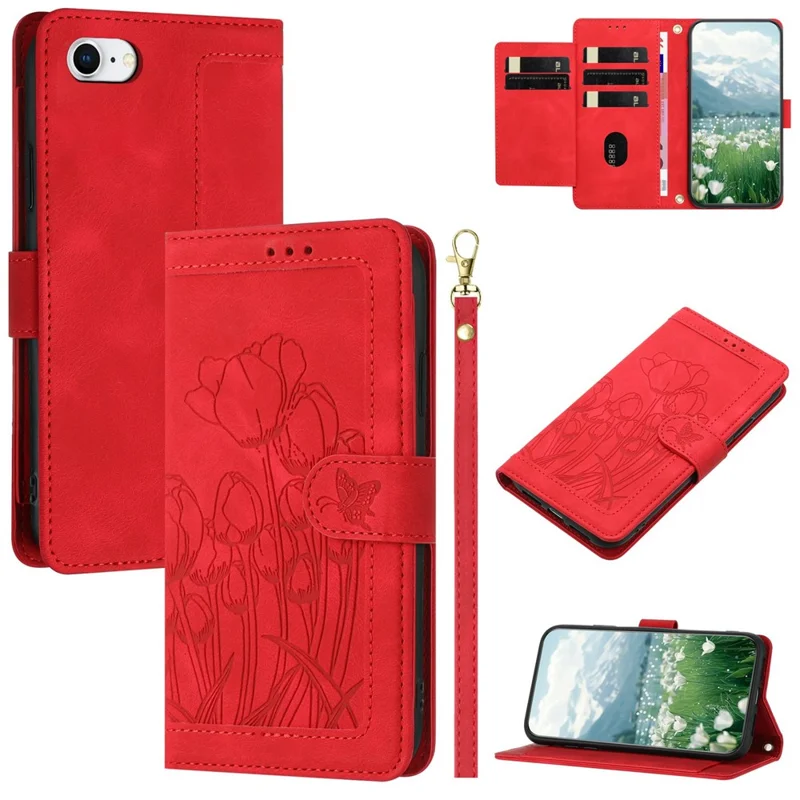 Leather Case for iPhone SE (2022) / SE (2020) / 8 / 7 / 6s / 6 Tulip Phone Cover with 5 Card Slots Wallet - Red