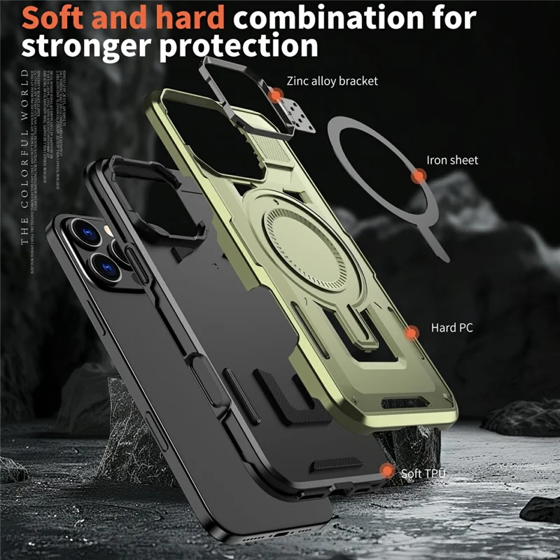 For iPhone 16 Pro Max Case Compatible with MagSafe Lens Frame Kickstand PC+TPU Back Cover - Olive Green