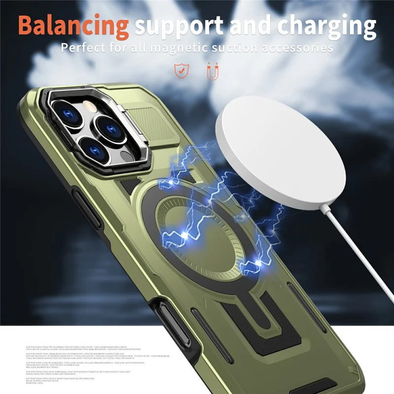For iPhone 16 Pro Max Case Compatible with MagSafe Lens Frame Kickstand PC+TPU Back Cover - Olive Green