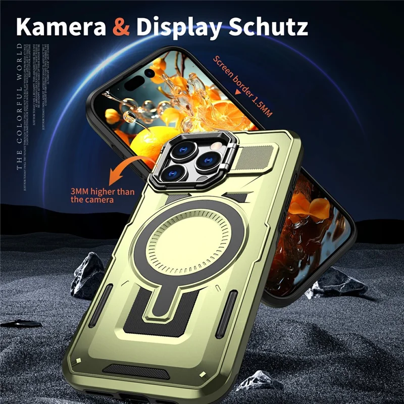 For iPhone 16 Pro Max Case Compatible with MagSafe Lens Frame Kickstand PC+TPU Back Cover - Olive Green