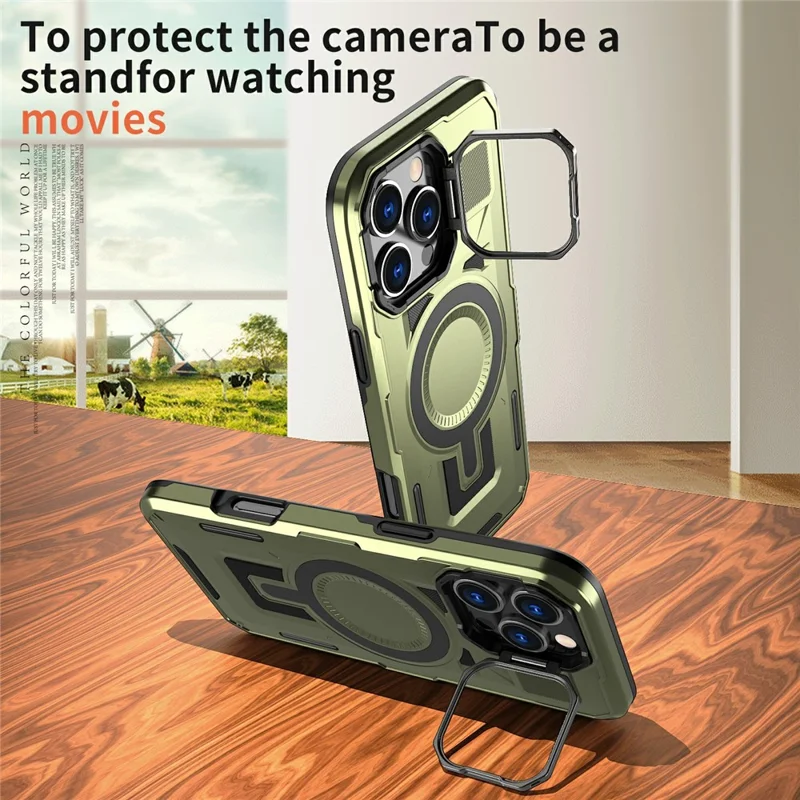 For iPhone 16 Pro Max Case Compatible with MagSafe Lens Frame Kickstand PC+TPU Back Cover - Olive Green