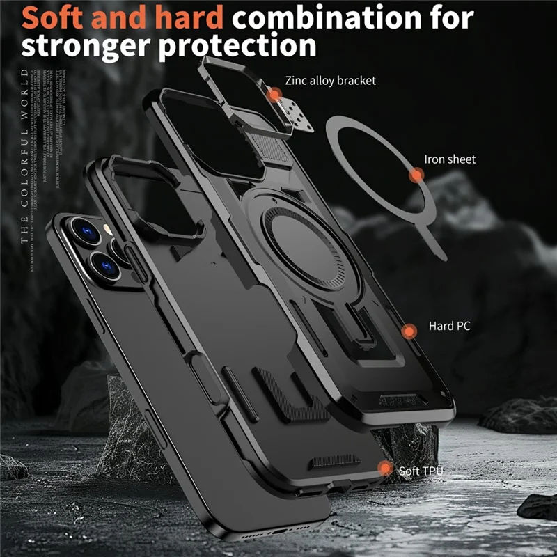 For iPhone 16 Pro Max Case Compatible with MagSafe Lens Frame Kickstand PC+TPU Back Cover - Black