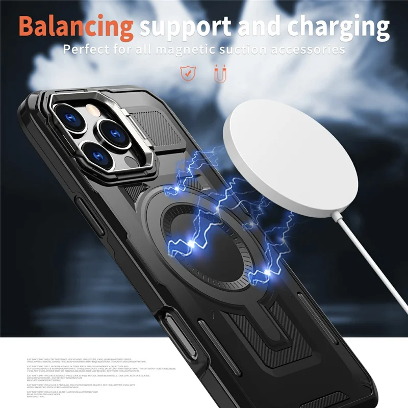 For iPhone 16 Pro Max Case Compatible with MagSafe Lens Frame Kickstand PC+TPU Back Cover - Black
