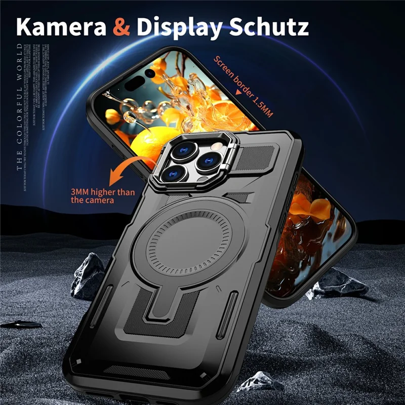 For iPhone 16 Pro Max Case Compatible with MagSafe Lens Frame Kickstand PC+TPU Back Cover - Black