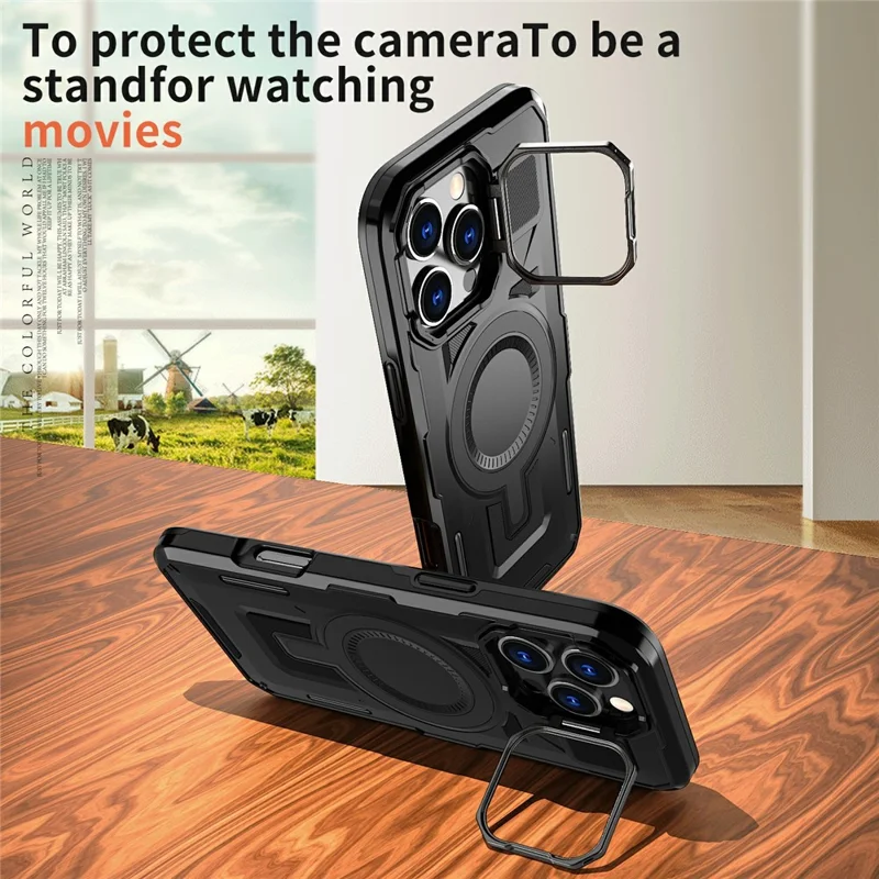 For iPhone 16 Pro Max Case Compatible with MagSafe Lens Frame Kickstand PC+TPU Back Cover - Black
