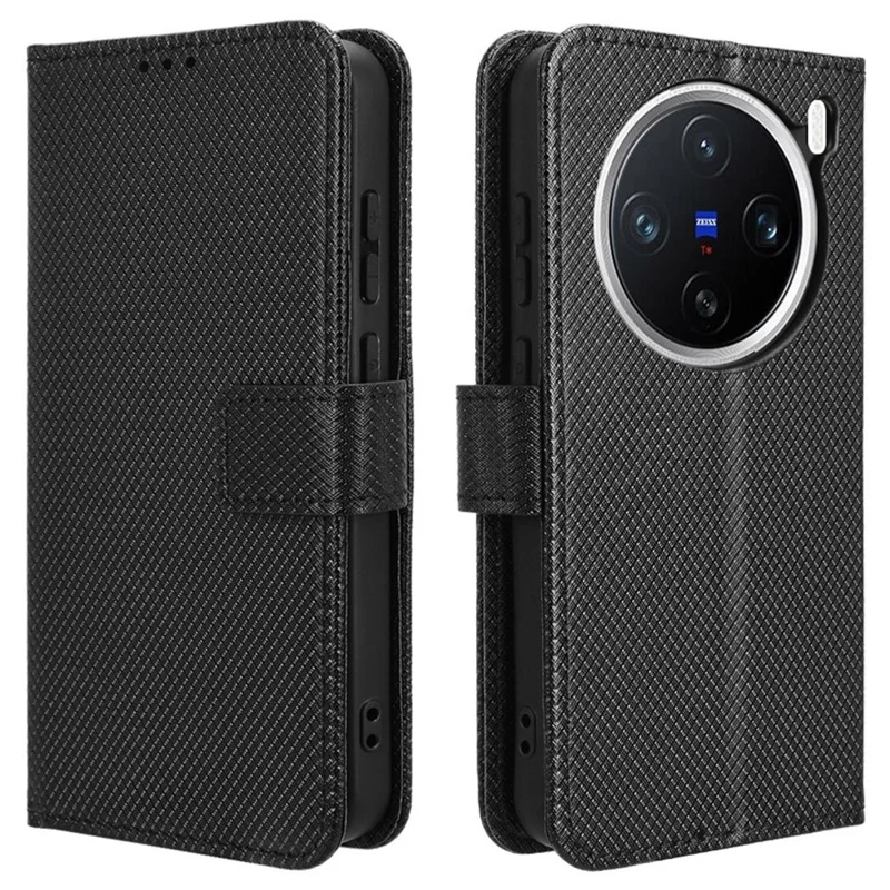 For vivo X200 Pro mini 5G Hülle aus PU-Leder mit Diamanttextur, Wallet-Telefon-Cover - Schwarz