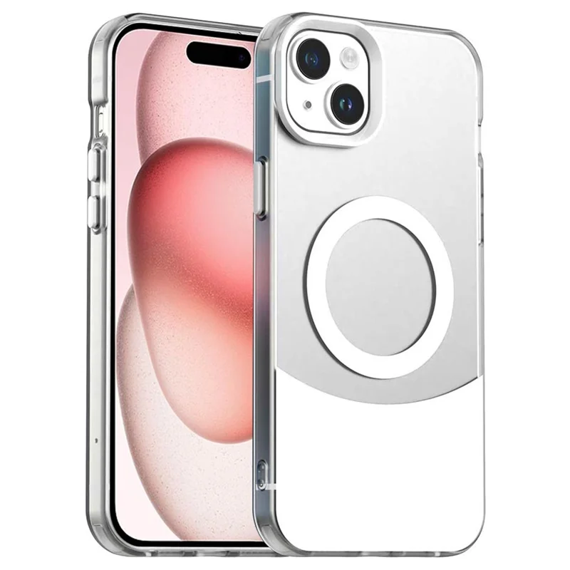 For iPhone 15 Case Compatible with MagSafe Color Splicing IMD TPU+PET+PC Mobile Cover - White