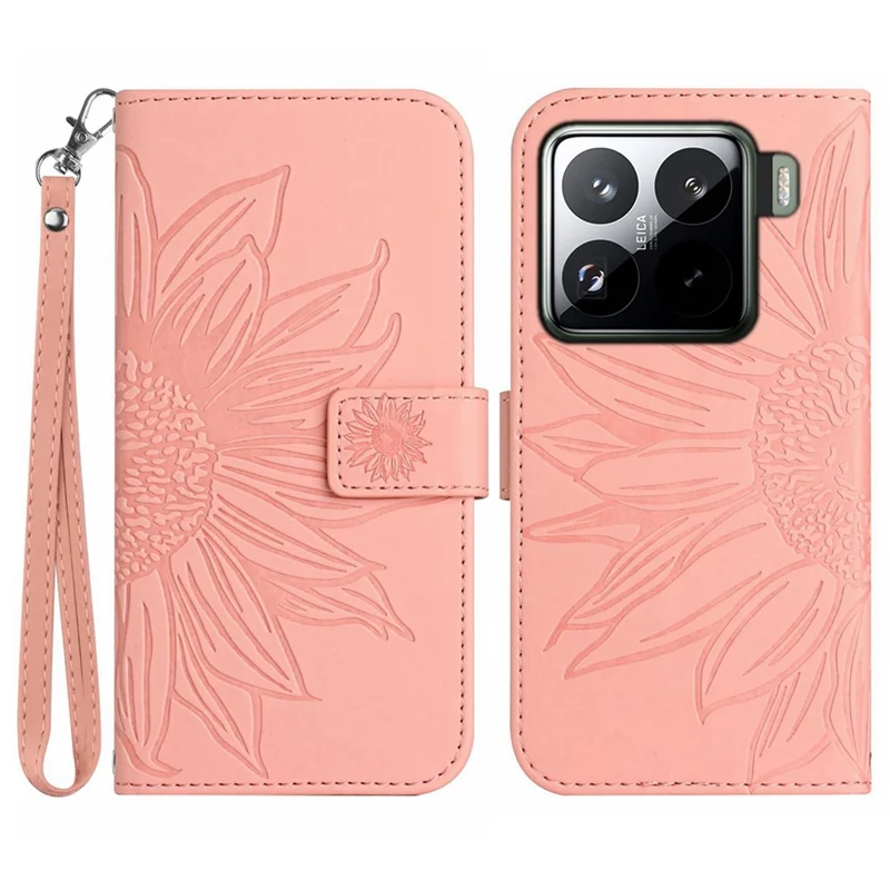 For Xiaomi 15 Case Sunflower Imprint Leather Wallet Phone Cover with Wrist Strap - Pink