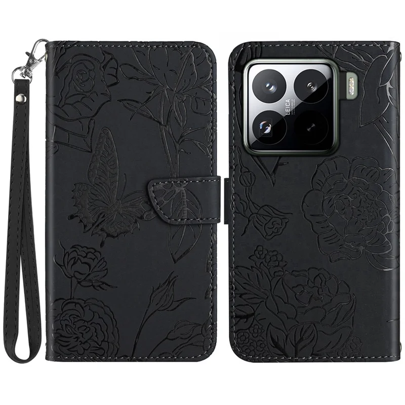 HT03 Voor Xiaomi 15 Hoesje met Vlinder- en Bloemenafdruk Leren Telefoonhoes met Bandje - Zwart