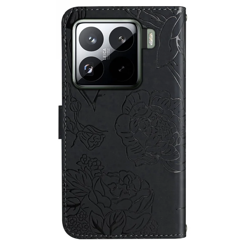 HT03 Voor Xiaomi 15 Hoesje met Vlinder- en Bloemenafdruk Leren Telefoonhoes met Bandje - Zwart