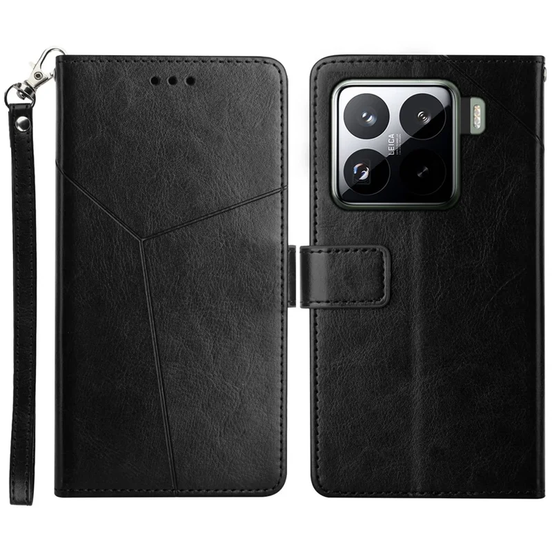 For Xiaomi 15 Case with Wrist Strap Y Shaped Lines Imprint Leather Phone Cover - Black