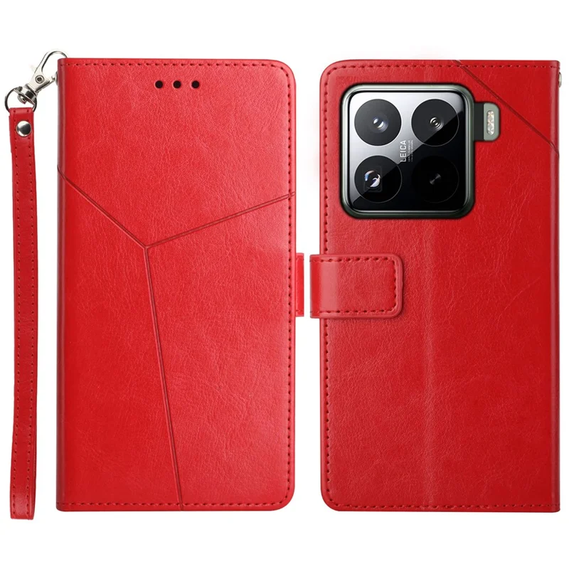For Xiaomi 15 Case with Wrist Strap Y Shaped Lines Imprint Leather Phone Cover - Red