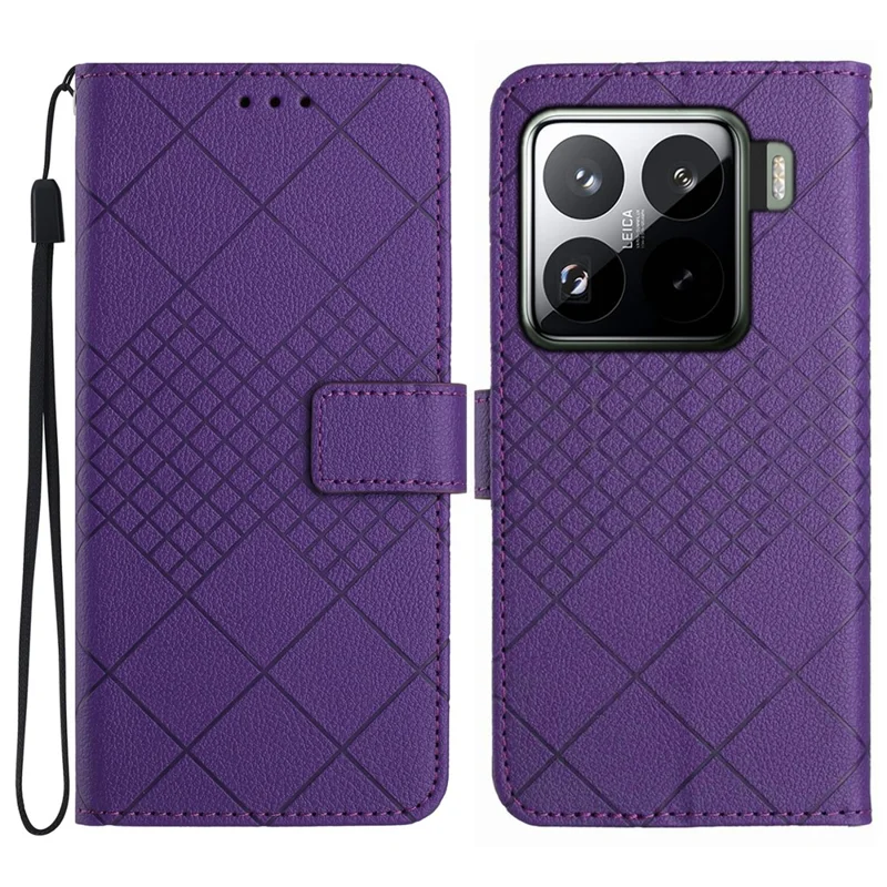 HT06 For Xiaomi 15 Wallet Phone Case Imprint PU Leather Flip Folio Cover - Dark Purple