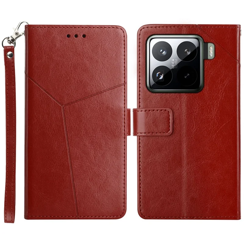 For Xiaomi 15 Pro Case with Wrist Strap Y Shaped Lines Imprint Leather Phone Cover - Brown