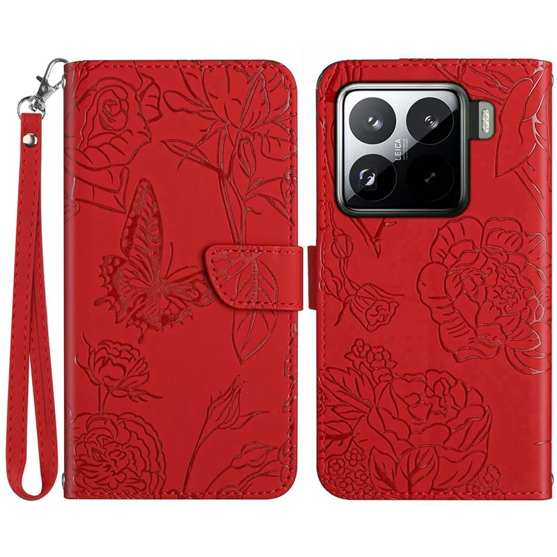 For Xiaomi 15 Pro Case Leather Phone Cover with Strap, Butterfly Flower Imprint - Red
