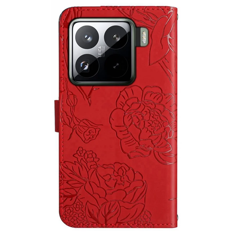 For Xiaomi 15 Pro Case Leather Phone Cover with Strap, Butterfly Flower Imprint - Red