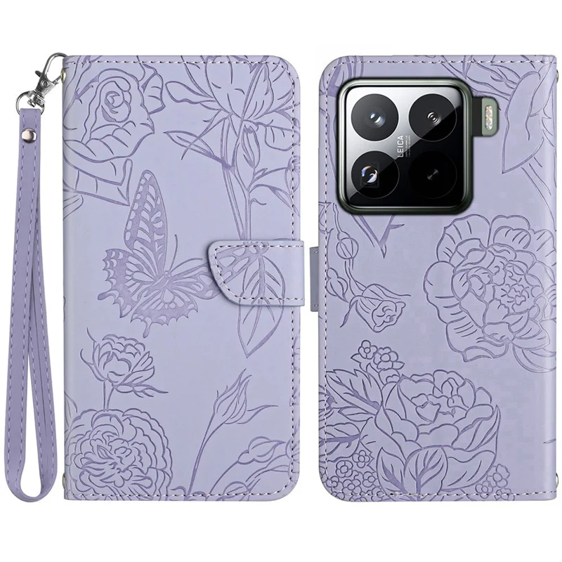 For Xiaomi 15 Pro Case Leather Phone Cover with Strap, Butterfly Flower Imprint - Purple