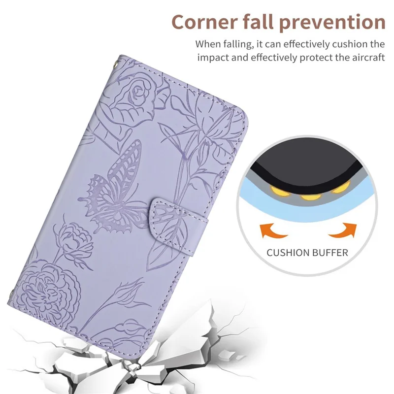For Xiaomi 15 Pro Case Leather Phone Cover with Strap, Butterfly Flower Imprint - Purple