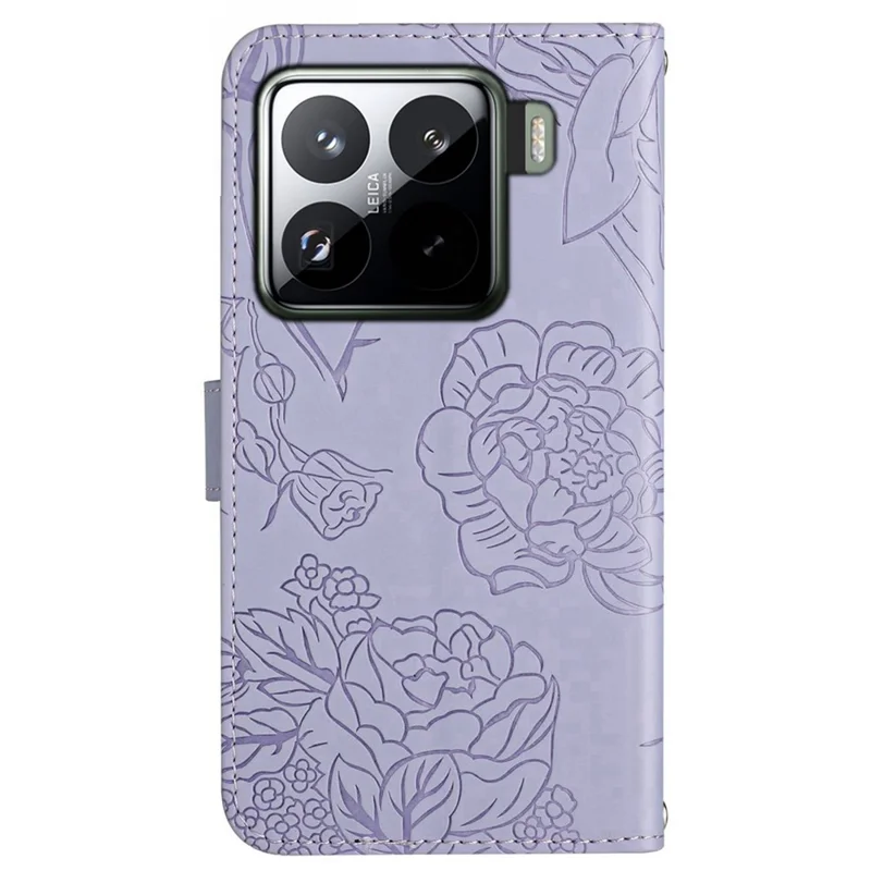 For Xiaomi 15 Pro Case Leather Phone Cover with Strap, Butterfly Flower Imprint - Purple