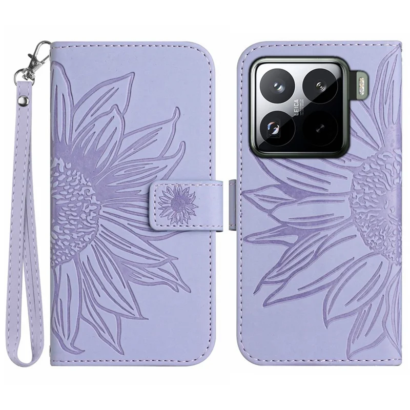 For Xiaomi 15 Pro Case Sunflower Imprint Leather Wallet Phone Cover with Wrist Strap - Light Purple