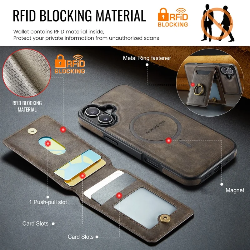 MAGKING K1 Series For iPhone 16 Magnetic Case PC+TPU+PU Phone Cover with Card Holder Kickstand - Coffee