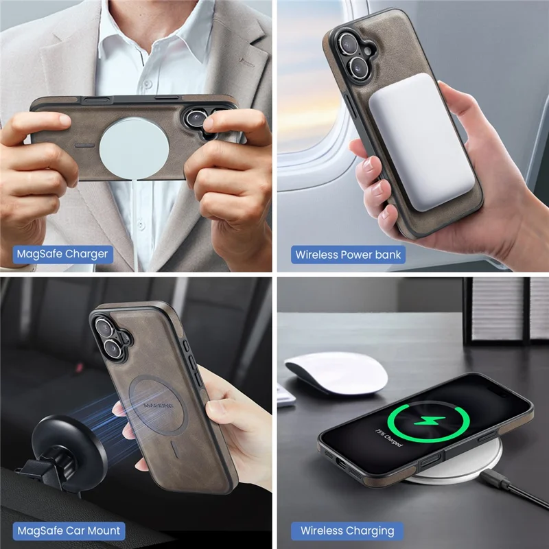 MAGKING K1 Series For iPhone 16 Magnetic Case PC+TPU+PU Phone Cover with Card Holder Kickstand - Coffee