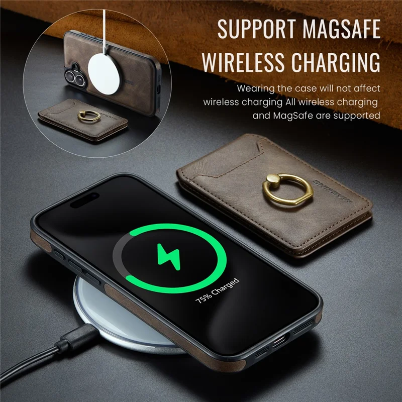 MAGKING K1 Series For iPhone 16 Magnetic Case PC+TPU+PU Phone Cover with Card Holder Kickstand - Coffee