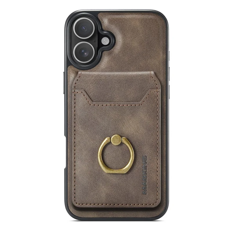 MAGKING K1 Series For iPhone 16 Magnetic Case PC+TPU+PU Phone Cover with Card Holder Kickstand - Coffee