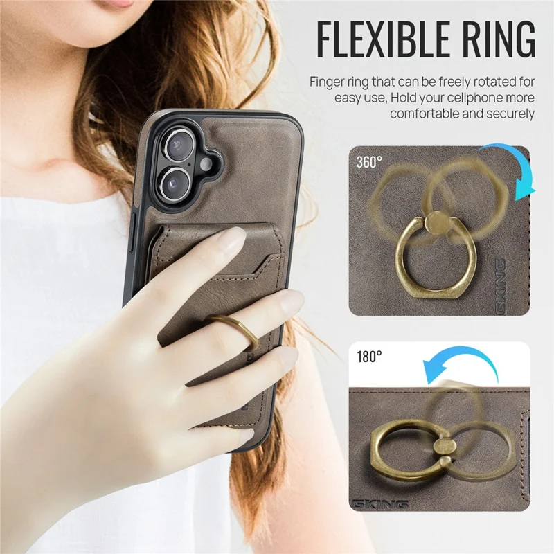 MAGKING K1 Series For iPhone 16 Magnetic Case PC+TPU+PU Phone Cover with Card Holder Kickstand - Coffee