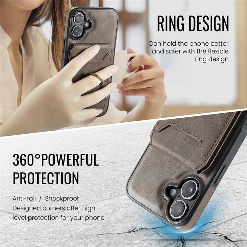 MAGKING K1 Series For iPhone 16 Magnetic Case PC+TPU+PU Phone Cover with Card Holder Kickstand - Coffee