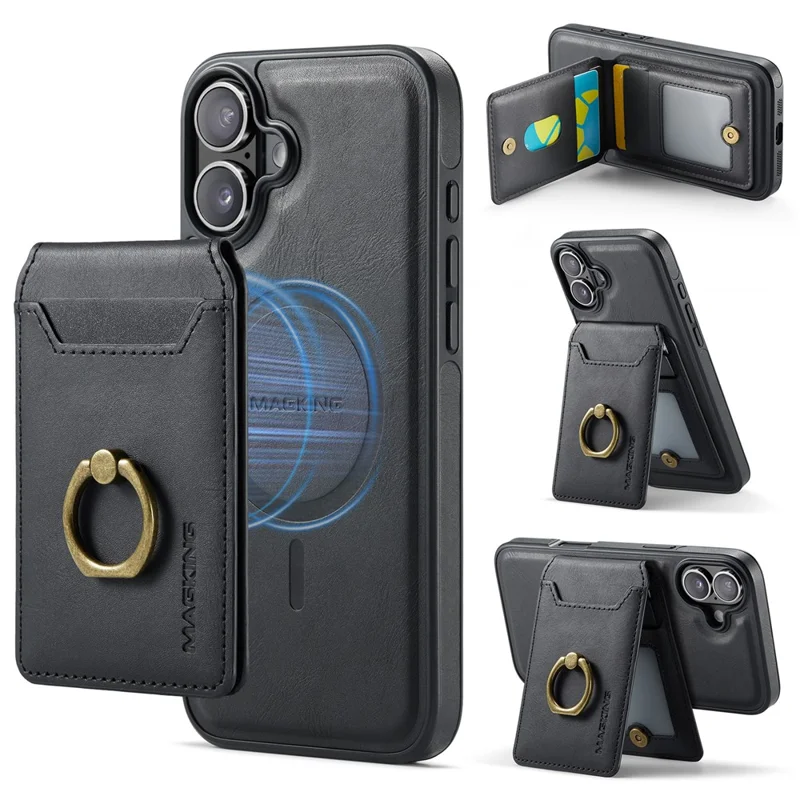 MAGKING K1 Series For iPhone 16 Magnetic Case PC+TPU+PU Phone Cover with Card Holder Kickstand - Black
