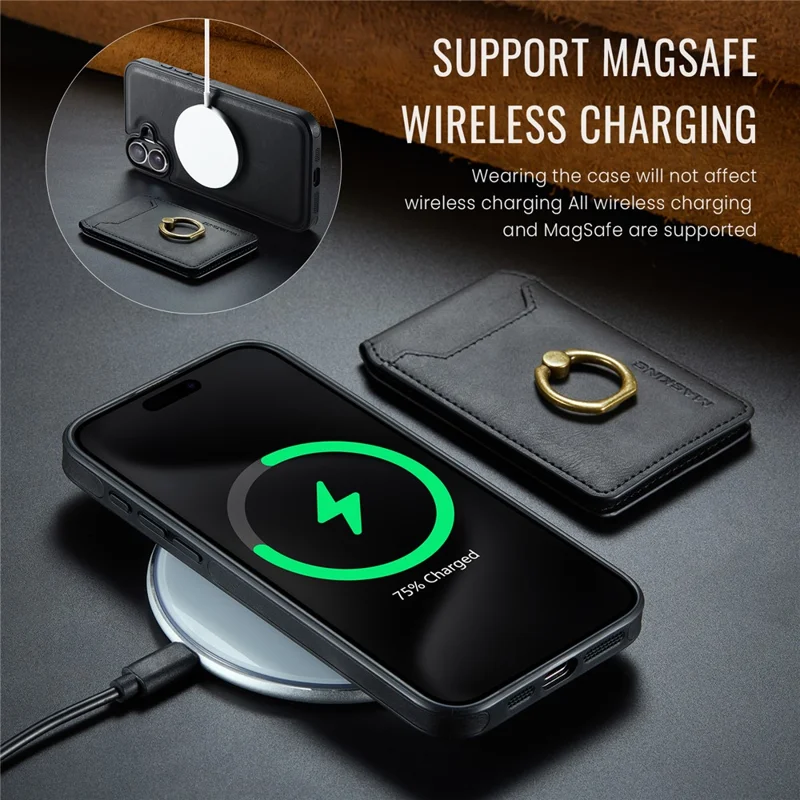 MAGKING K1 Series For iPhone 16 Magnetic Case PC+TPU+PU Phone Cover with Card Holder Kickstand - Black