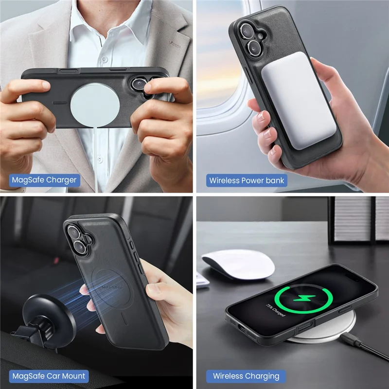 MAGKING K1 Series For iPhone 16 Magnetic Case PC+TPU+PU Phone Cover with Card Holder Kickstand - Black