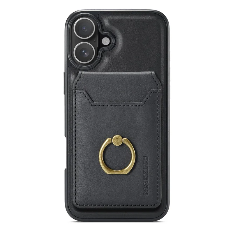 MAGKING K1 Series For iPhone 16 Magnetic Case PC+TPU+PU Phone Cover with Card Holder Kickstand - Black