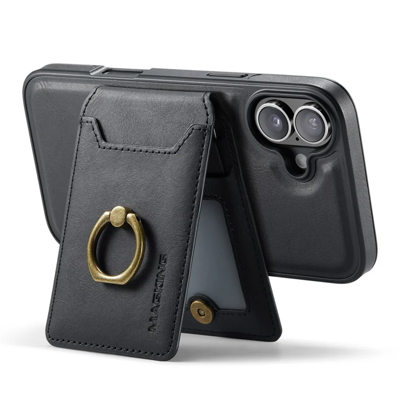 MAGKING K1 Series For iPhone 16 Magnetic Case PC+TPU+PU Phone Cover with Card Holder Kickstand - Black