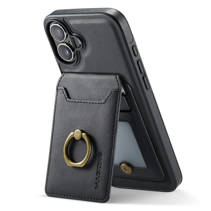 MAGKING K1 Series For iPhone 16 Magnetic Case PC+TPU+PU Phone Cover with Card Holder Kickstand - Black