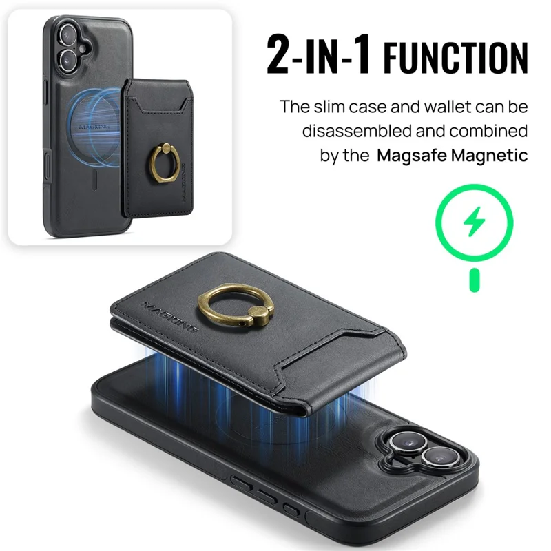 MAGKING K1 Series For iPhone 16 Magnetic Case PC+TPU+PU Phone Cover with Card Holder Kickstand - Black
