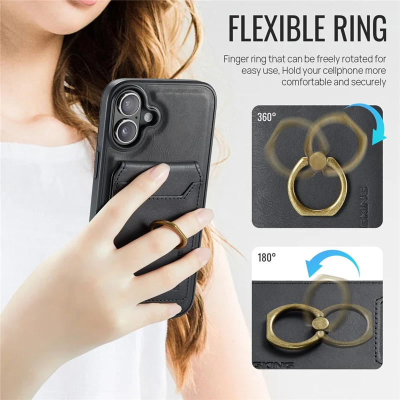 MAGKING K1 Series For iPhone 16 Magnetic Case PC+TPU+PU Phone Cover with Card Holder Kickstand - Black