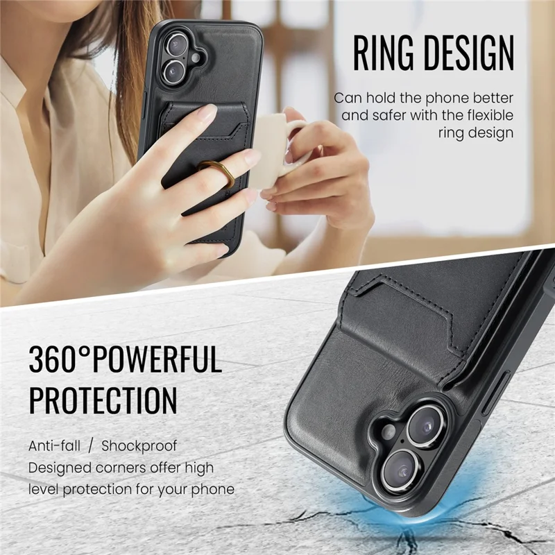 MAGKING K1 Series For iPhone 16 Magnetic Case PC+TPU+PU Phone Cover with Card Holder Kickstand - Black